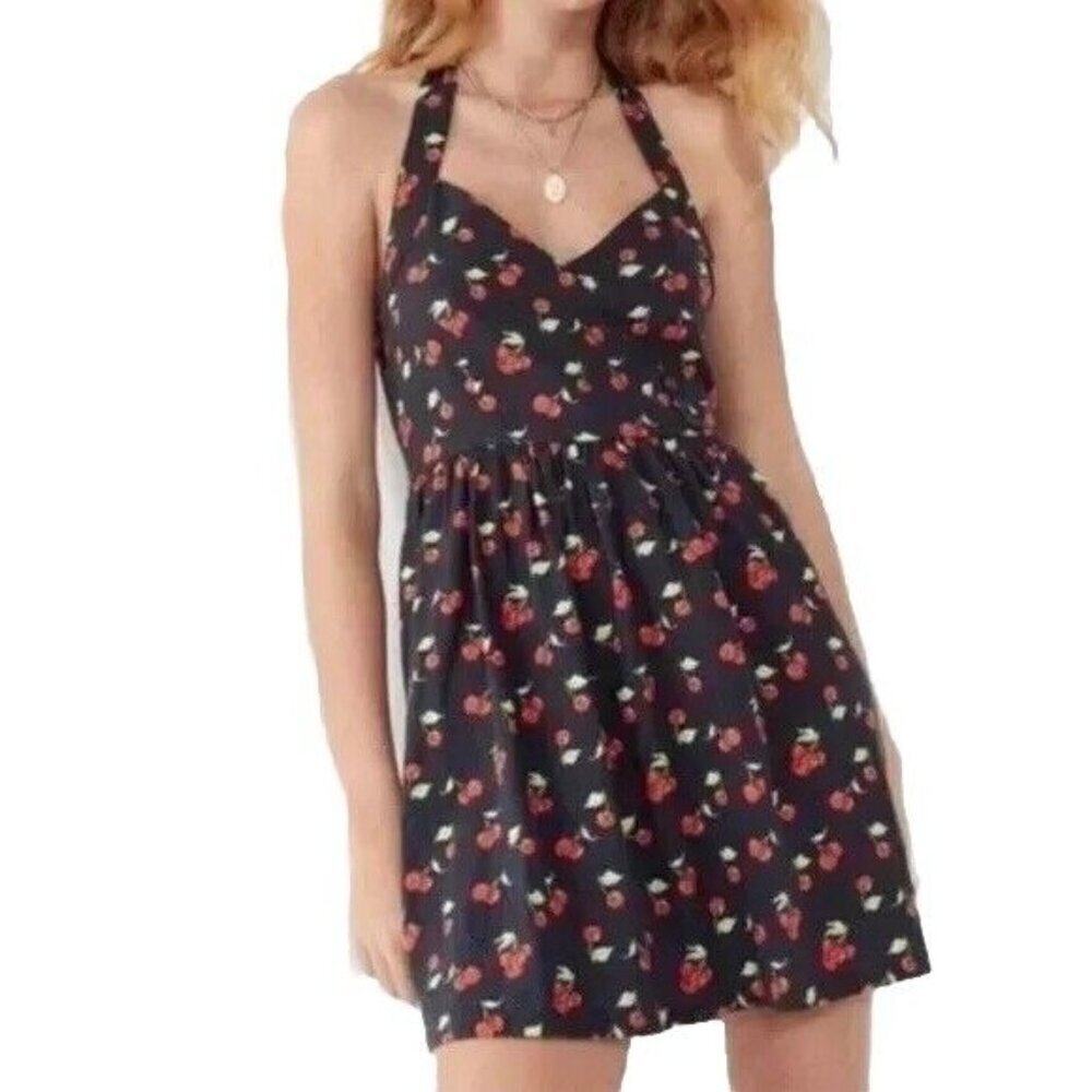Urban Outfitter Women's M Black Red Halter Mini Dress Cherry Print Mamie Linen